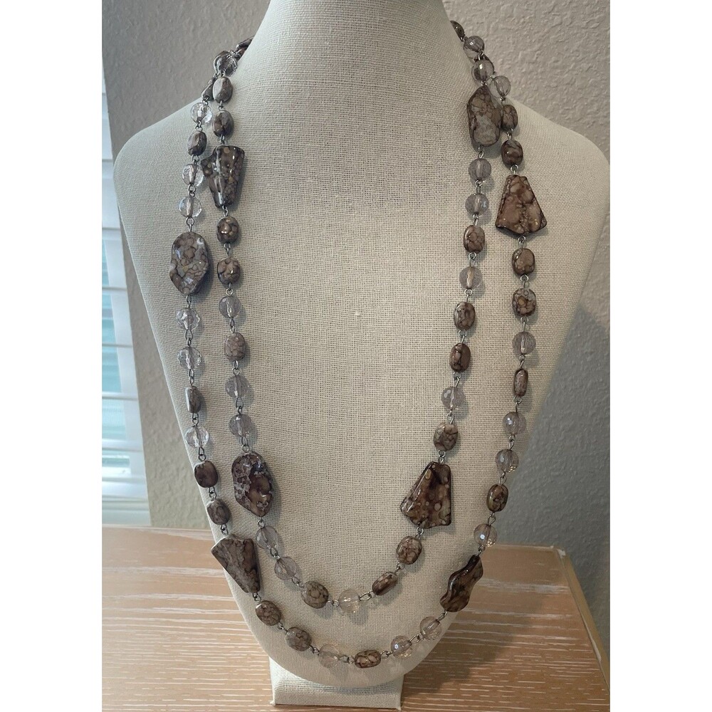 Elegant Earth Tone Necklace Clear and Brown Marbled Beads Long Fashion Necklace